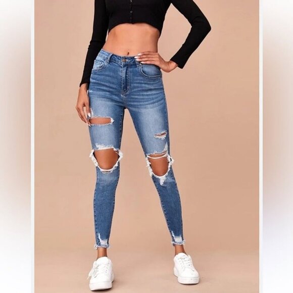 SHEIN Denim - SHEIN Blue Distressed Skinny Jeans